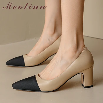 Meotina/ Дамски обувки-лодка от естествена кожа на Дебелите обувки с Квадратни пръсти, Модни Дамски Обувки на Висок Ток 6 см, Пролетно обувки Кайсиев цвят 42 от телешка кожа