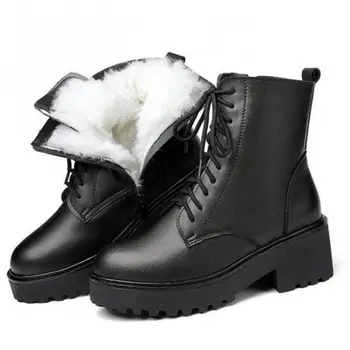 Дамски обувки, Модни Зимни Обувки, Класически зимни Обувки от Естествена Кожа за Зрели, с ЦИП, на площада ток 6 см, с Кръгло бомбе, Ежедневни Дамски обувки 35-43