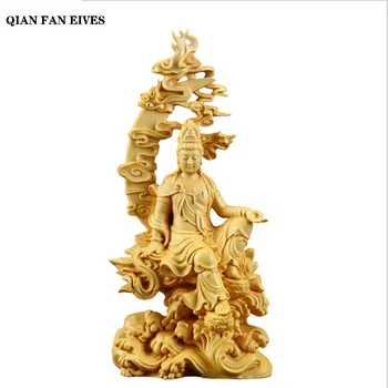 Статуята на Гуаньинь водна луната от едно дърво, тънко изрязани китайски статуи на Буда, художествена скулптура, Декорация на дома Фън шуй Гуаньинь