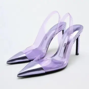 116063 Летни Нови прозрачни обувки на висок ток, PVC, дамски лилави Темпераментни фини обувки с остри пръсти, сандали, вечерни