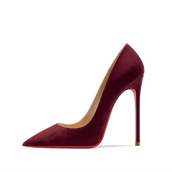 Високо Качество, Пикантен дамски Велурени обувки на висок Ток с червена подметка, Есенно-Зимни Обувки, Дамски Обувки-лодка от естествена Кожа на висок ток с остър пръсти