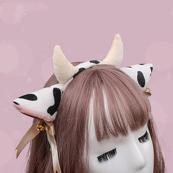 Карикатура плюшени панели с уши на крава със звънци лента лък панделка за коса Лолита Kawaii животно парти cosplay прическа, главоболие аксесоари